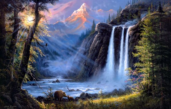 пейзаж, искусство, река, водопад, несет