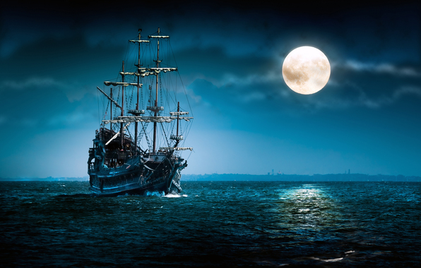 море, ночь, полная луна, облака, корабль